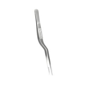 Professional stainless steel bayonet dressing tweezers featuring an offset angled handle design, straight tapered tips with inner micro-serrations, a smooth polished metallic finish, and a horizontal ribbed non-slip grip zone, shown in 126.jpg against a clean white background.