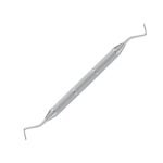 A double-ended stainless steel dental instrument with small spoon-shaped tips and a thick, textured cylindrical handle, isolated on a white background.