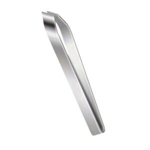 Professional stainless steel eyebrow tweezers featuring an angled slant tip design with flush closing edges, constructed from a single piece of bent satin-finished metal, shown in 126_2.jpg against a clean white background.