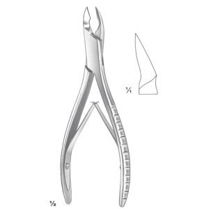 Medical illustration from 126.jpg showing a Cleveland Bone Cutting Forceps with an ergonomic curved lower handle, spring-loaded action, and a 1:1 scale profile inset of its sharp cutting blade.