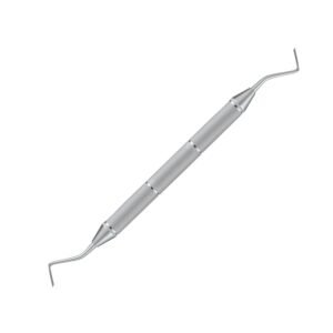 A double-ended stainless steel dental instrument with small spoon-shaped tips and a thick, textured cylindrical handle, isolated on a white background.