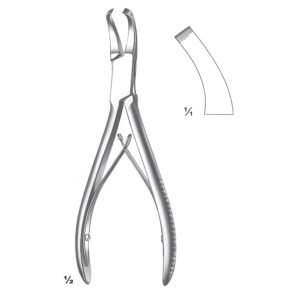 Medical illustration of a Mead Bone Forceps from 127.jpg, showing its spring-loaded plier handles, curved grasping jaws, and a detailed 1:1 scale inset detailing the inner serrated tip profile.