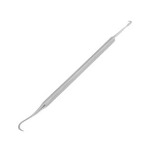 A double-ended stainless steel dental Jacquette scaler with two differently curved hook tips and a longitudinal serrated octagonal handle, isolated on a white background.
