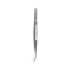 Professional stainless steel dressing tweezers featuring an angled, fine-point tapered tip design with inner micro-serrations, a smooth polished metallic finish, and a horizontal ribbed non-slip grip zone on the handles, shown in 128.jpg against a clean white background.