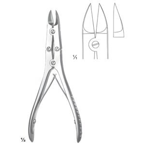 A detailed technical illustration of Bhalli International Ruskin-Liston Bone Cutting Forceps from 128.jpg, showcasing its double-action hinge, straight cutting blades, plier-style handles, and a 1:1 scale profile inset of the cutting tip.