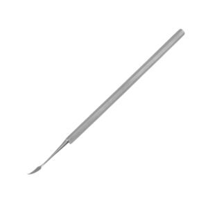 A surgical stainless steel ophthalmic micro-blade elevator and sclerotome knife featuring a slender, curved, leaf-shaped tip and a fully serrated round handle on a solid white background.