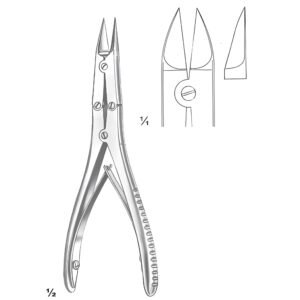 Technical medical illustration of Bhalli International Ruskin-Liston Bone Cutting Forceps from 129.jpg, displaying its fine straight pointed cutting blades, compound double-action pivot hinges, and leaf-spring handle structure with a 1:1 scale profile inset.