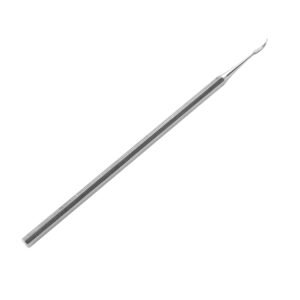 A surgical stainless steel ophthalmic micro-knife featuring a curved, leaf-shaped precision tip and a textured, serrated cylindrical handle isolated on a white background.