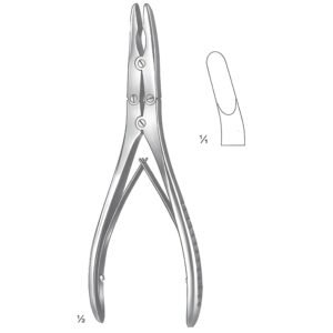Medical diagram from 130.jpg showing a stainless steel double-action bone rongeur with a detailed inset of its scoop-shaped cutting jaw tip.