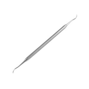 A medical-grade stainless steel double-ended dental Jacquette scaler instrument featuring curved sickle-shaped tips and a cross-hatched, diamond-knurled round handle on a white background.