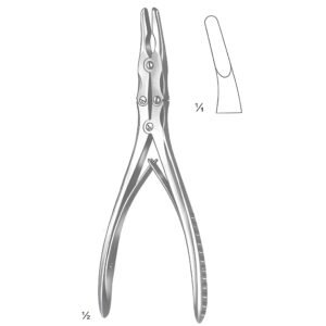 Surgical catalog illustration from 131.jpg showcasing a stainless steel Stille-Ruskin double-action bone rongeur, complete with a detailed 1:1 scale inset diagram of its tapered cutting jaw.