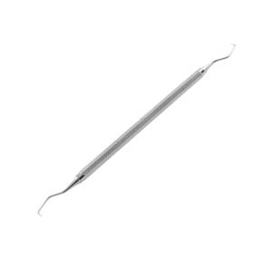 A medical-grade stainless steel double-ended dental explorer probe featuring curved, sharply pointed hook tips and a textured, cross-hatched cylindrical handle isolated on a solid white background.