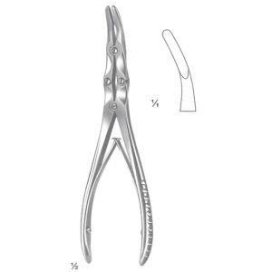 Medical catalog graphic from 132.jpg displaying a premium stainless steel curved Stille-Ruskin double-action bone rongeur by Bhalli International, with a 1:1 scale inset detailing the curved cutting jaw profile.
