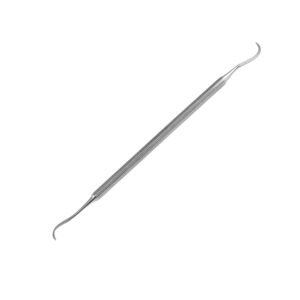 A medical-grade stainless steel double-ended dental sickle scaler featuring curved, sharp-pointed working tips and a ribbed, serrated cylindrical handle isolated on a solid white background.