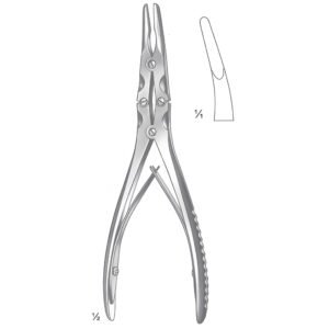 Illustration from 133.jpg showing a stainless steel Beyer bone rongeur with a double-action spring handle and a detailed close-up of its curved, scoop-shaped jaw tip.
