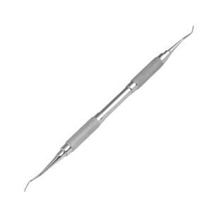 A surgical-grade stainless steel double-ended dental plugger condenser featuring angled cylindrical tamping tips and a modular handle with two separate diamond-knurled grip zones, isolated on a white background.