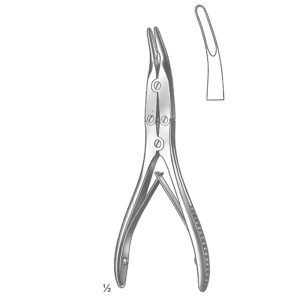 Surgical line drawing from 134.jpg showing a stainless steel Zaufal-Jansen bone rongeur with a double-action spring handle and an inset detail drawing of its elongated, curved, scoop-shaped jaw tip.