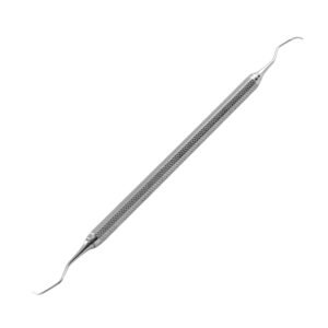 A medical-grade stainless steel double-ended dental explorer probe featuring long, flexible, contra-angled shank design with fine hook tips and a textured, cross-hatched cylindrical handle isolated on a white background.