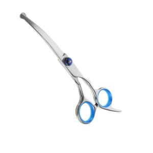 Professional stainless steel curved pet grooming scissors featuring rounded safety tips, blue finger inserts, and an adjustable tension screw, as displayed in 135.jpg.