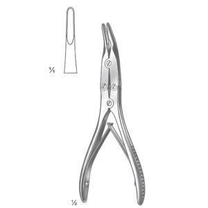 A medical illustration of a Beyer Bone Rongeur from 135.jpg, showing its double-action spring-loaded handle, curved tips, and a detailed close-up inset of the cutting jaw.