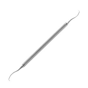 A surgical stainless steel double-ended dental explorer featuring pigtail-shaped, curved diagnostic hook tips and a cross-hatched, diamond-knurled cylindrical handle on a solid white background.