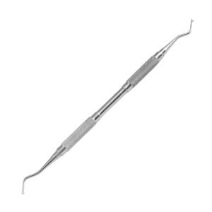A medical-grade stainless steel double-ended dental excavator instrument featuring angled shanks with small, sharp spoon-shaped tips and a modular handle with two separate diamond-knurled grip zones, isolated on a white background.