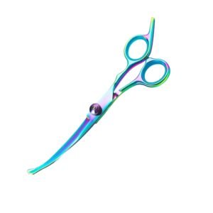 Professional curved pet grooming shears featuring a rainbow titanium coating, rounded safety ball tips, and an ergonomic handle design as shown in 137.jpg.