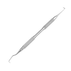 A medical-grade stainless steel double-ended dental explorer featuring two distinctly shaped diagnostic hook tips on angled shanks and a modular handle with two separate diamond-knurled grip zones, isolated on a white background.