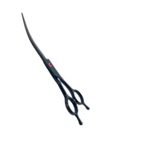 Professional matte black curved dog grooming scissors featuring sharp curved blades, a red accent tension screw, and symmetric ergonomic handles with dual finger rests, as displayed in 138.jpg.