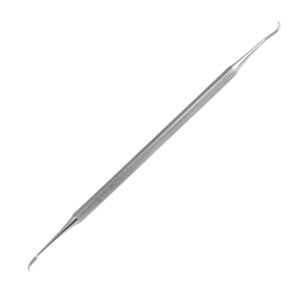A medical-grade stainless steel double-ended dental McCall periodontal curette featuring curved, slightly spoon-shaped working tips and a slender ribbed, serrated cylindrical handle isolated on a solid white background.