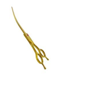 Professional luxury gold curved dog grooming scissors featuring elegant curved blades, a red accent tension screw, and symmetrical ergonomic handles with dual finger rests, as displayed in 139.jpg.