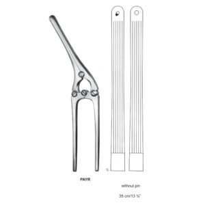 A technical diagram of Bhalli International Payr Stomach Clamp from 14.jpg, showcasing its compound-hinge frame, elongated jaws, and a 1:1 scale illustration detailing the longitudinal serrations and without pin design.