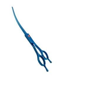 Professional curved pet grooming scissors with a metallic blue titanium finish and ergonomic finger rests, isolated on a white background, as shown in 140.jpg.