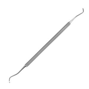 A surgical stainless steel double-ended dental spoon excavator instrument featuring multi-angled shanks with sharp, round miniature spoon tips and a continuously ribbed, serrated cylindrical handle isolated on a solid white background.