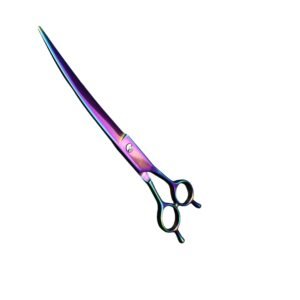 Professional curved pet grooming scissors featuring a multi-color rainbow titanium finish and ergonomic finger rings with a fixed tang, isolated on a white background, as seen in 141.jpg.