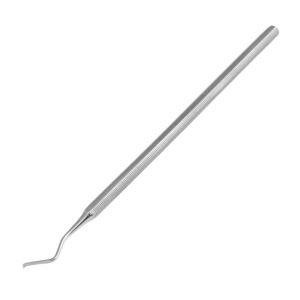 A surgical stainless steel single-ended dental spoon excavator instrument featuring a multi-angled shank with a sharp, round miniature spoon tip and a continuously ribbed, serrated cylindrical handle isolated on a solid white background.