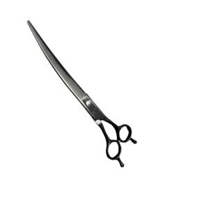 Professional curved pet grooming scissors featuring a smooth black titanium finish, an adjustable tension system, and ergonomic handles with fixed finger rests, isolated on a white background, as seen in 142.jpg.
