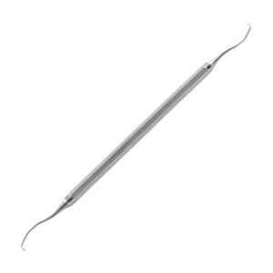 A medical-grade stainless steel double-ended dental explorer probe featuring long, flexible, contra-angled Gracey-style shanks with fine hook tips and a cross-hatched, diamond-knurled cylindrical handle on a solid white background.