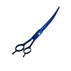 Professional curved pet grooming scissors with a deep dark blue matte finish, an adjustable gold-toned tension screw, and symmetric finger rings with dual fixed tangs, isolated on a white background, as pictured in 144.jpg.