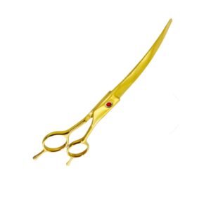 Professional curved pet grooming scissors with a bright polished gold titanium coating, an ergonomic offset handle featuring dual finger rests, and a red center accent screw, isolated on a white background, as shown in 145.jpg.
