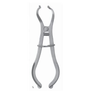 A medical-grade matte finish stainless steel Ivory style rubber dam clamp forceps featuring curved expanding beaks with notched tips, an integrated tension spring, a multi-position locking slider ring, and broad ergonomic handle loops isolated on a white background.