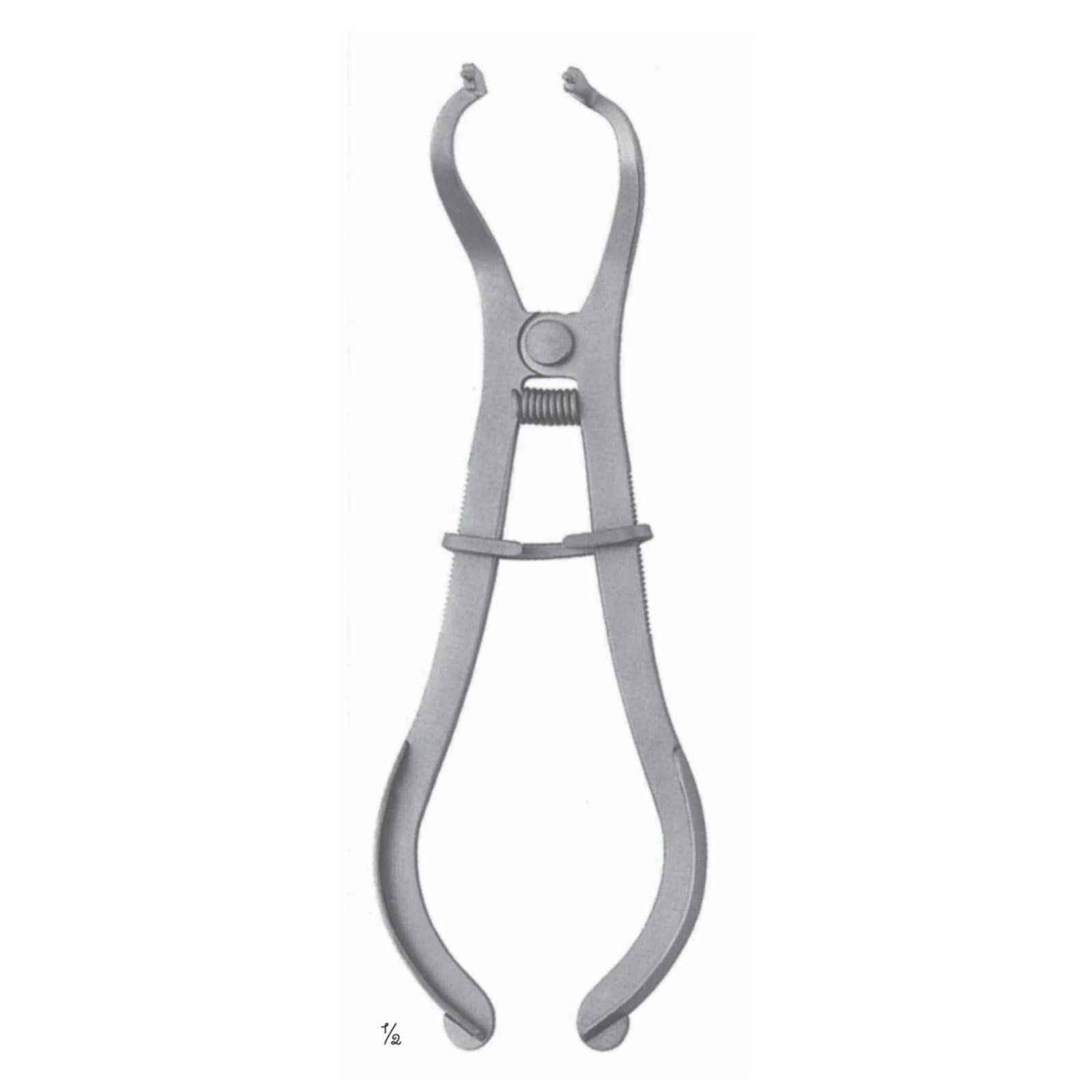 A medical-grade matte finish stainless steel Ivory style rubber dam clamp forceps featuring curved expanding beaks with notched tips, an integrated tension spring, a multi-position locking slider ring, and broad ergonomic handle loops isolated on a white background.