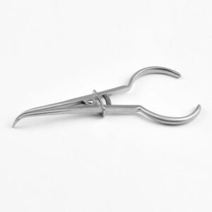 A surgical stainless steel ophthalmic micro-blade elevator and sclerotome knife featuring a slender, curved, leaf-shaped tip and a fully serrated round handle on a solid white background.