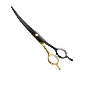 Professional curved pet grooming scissors featuring a two-tone design with a black-coated blade and upper finger ring, a gold-coated lower finger ring with a fixed tang, and white rubber finger inserts, isolated on a white background, as seen in 147.jpg.