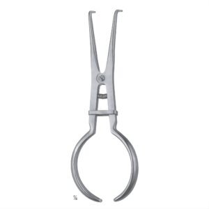 A medical-grade surgical stainless steel Brewer style rubber dam clamp forceps featuring straight elongated shafts, outward-curved beak tips, an internal tension spring, a manual sliding lock bar, and broad circular handle loops on a solid white background.
