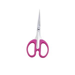 Compact straight detail grooming scissors featuring short stainless steel blades and molded bright pink plastic handles, isolated on a white background, as seen in 148.jpg.