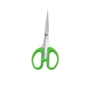 Compact straight detail grooming scissors featuring short stainless steel blades and molded bright green plastic handles, isolated on a white background, as seen in 149.jpg.