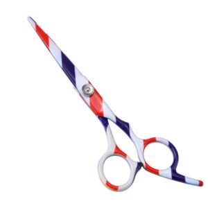 Professional stainless steel hair cutting shears completely coated in a classic barber pole pattern featuring diagonal spiral stripes of red, white, and dark blue, designed with a silver adjustable tension screw, an integrated curved finger rest tang, and a rubber bumper silencer, shown in 15.jpg against a solid white background.