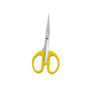 Compact straight detail grooming scissors featuring short stainless steel blades and molded bright yellow plastic handles, isolated on a white background, as seen in 150.jpg.