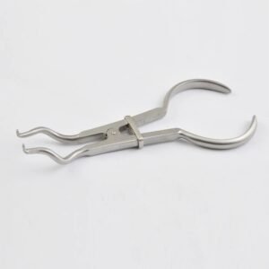 A side profile studio shot of a medical-grade stainless steel Stokes style rubber dam clamp forceps featuring wavy, contoured expanding beaks, an internal tension spring, a central sliding lock bar, and broad ergonomic handle loops isolated on a solid white background.